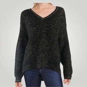 John +‎ Jenn Black & Gold Chunky Knit V-Neck Oversize Sweater Size Small